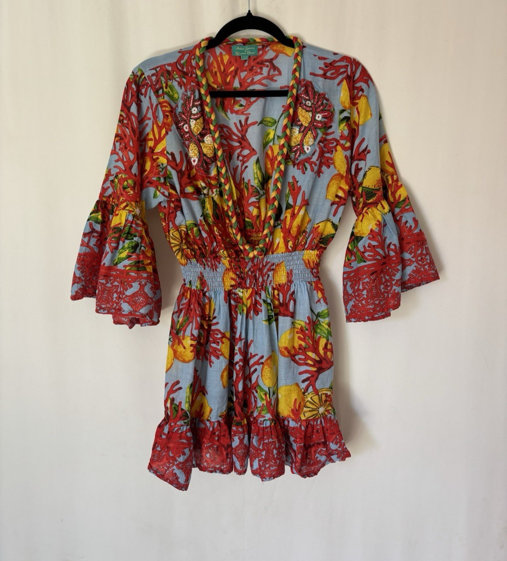 Antica Sartoria Blouse Top V Neck OS Multicolor Orange Blue Boho Smoked